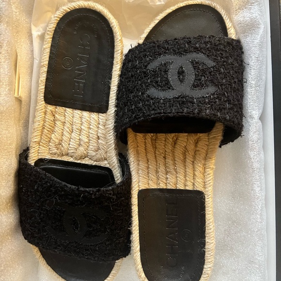 Chanel Interlocking CC Espadrille Tweed and Grosgrain Black Slide Sandal size 35 - Picture 1 of 16